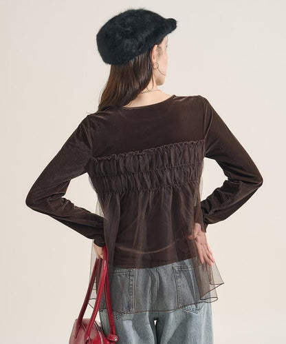 天鵝絨運動服拼接網紗上衣