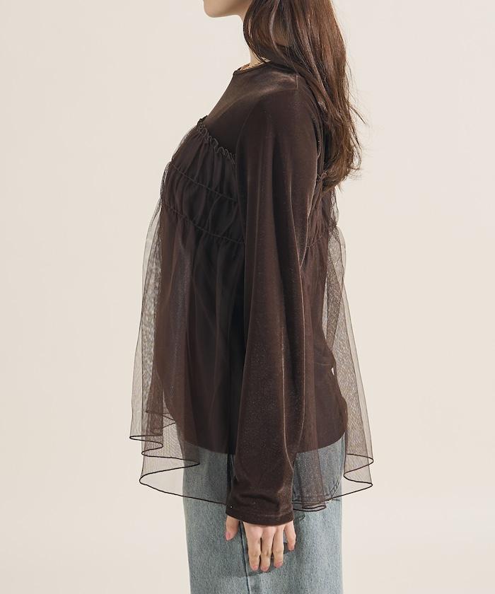 天鵝絨運動服拼接網紗上衣