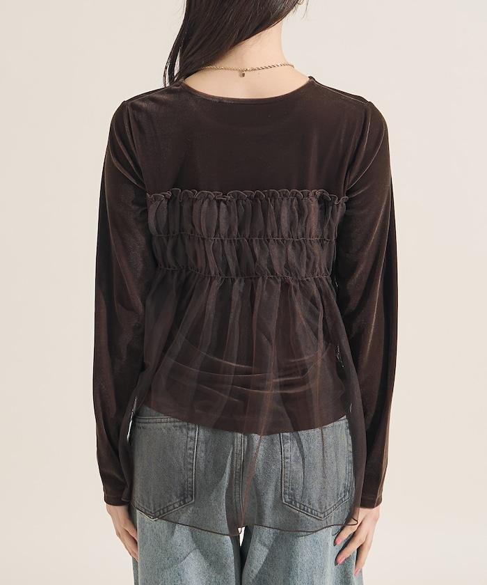 天鵝絨運動服拼接網紗上衣