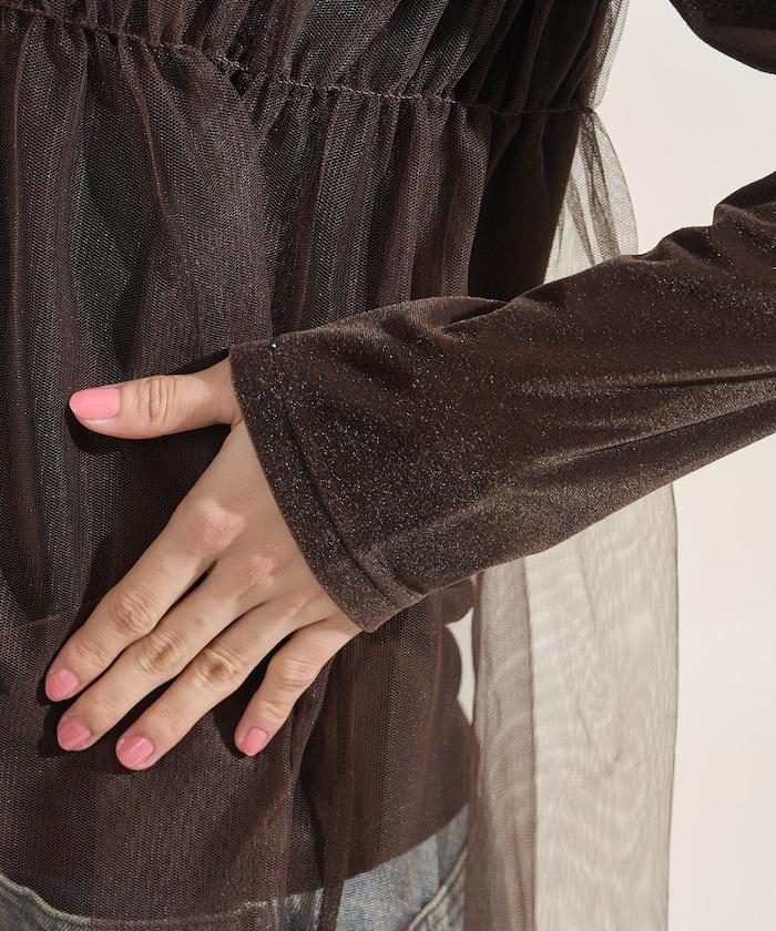 天鵝絨運動服拼接網紗上衣