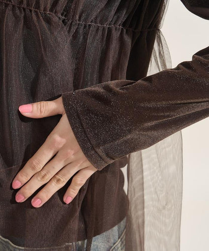 天鵝絨運動服拼接網紗上衣