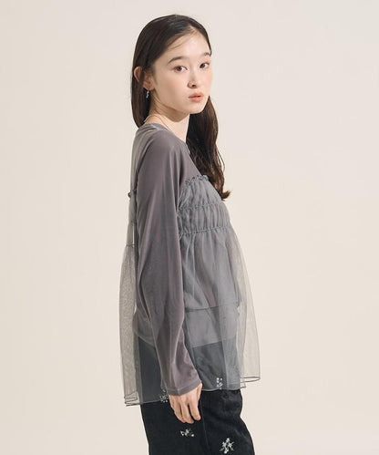 天鵝絨運動服拼接網紗上衣