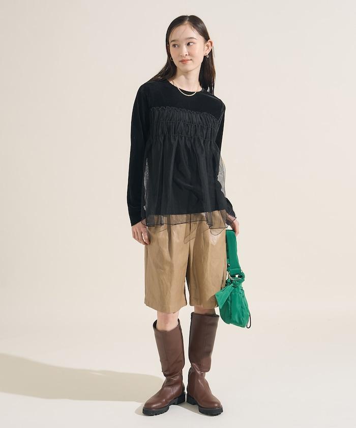 天鵝絨運動服拼接網紗上衣