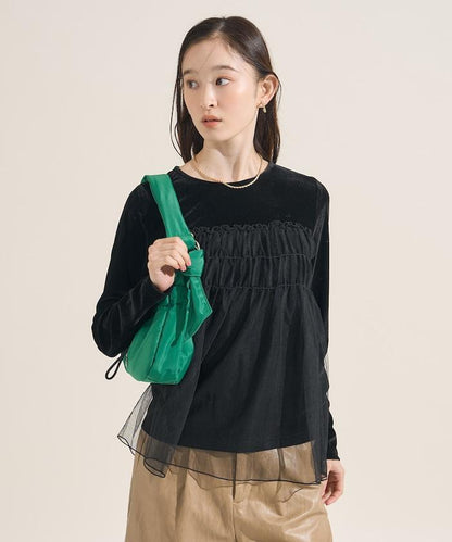 天鵝絨運動服拼接網紗上衣