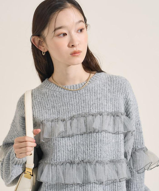 網紗荷葉邊拼接針織套頭衫