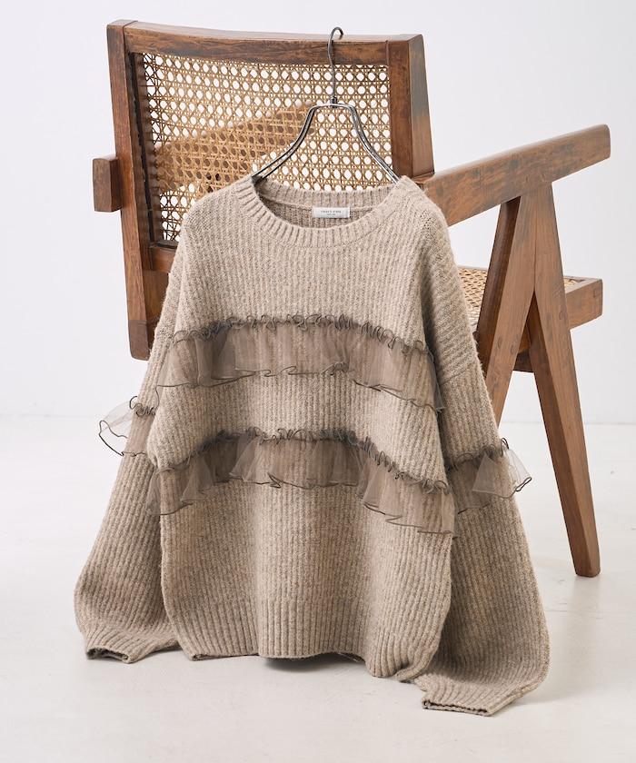 網紗荷葉邊拼接針織套頭衫