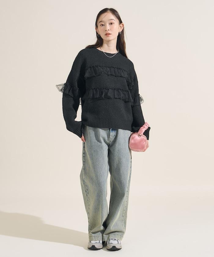 網紗荷葉邊拼接針織套頭衫