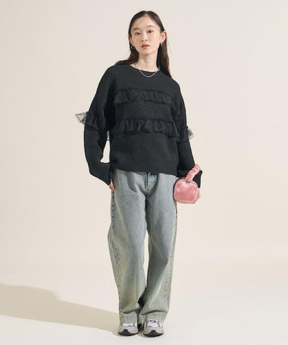 網紗荷葉邊拼接針織套頭衫