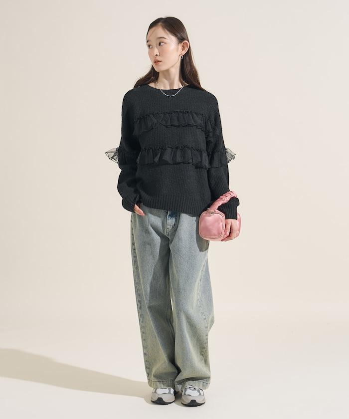 網紗荷葉邊拼接針織套頭衫