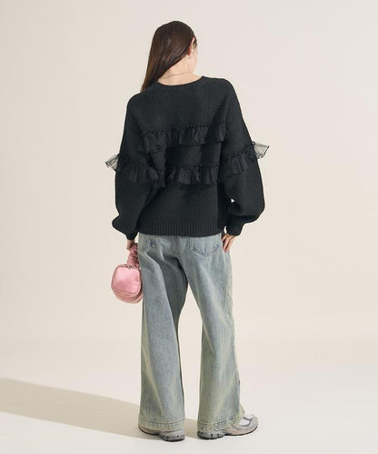 網紗荷葉邊拼接針織套頭衫