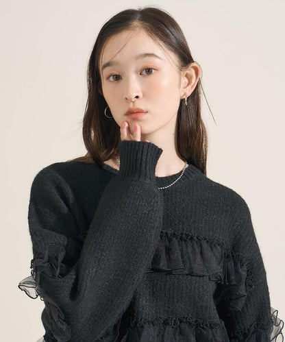 網紗荷葉邊拼接針織套頭衫