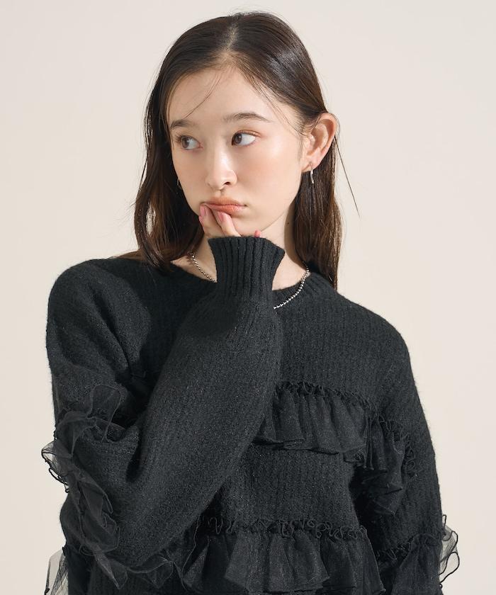 網紗荷葉邊拼接針織套頭衫