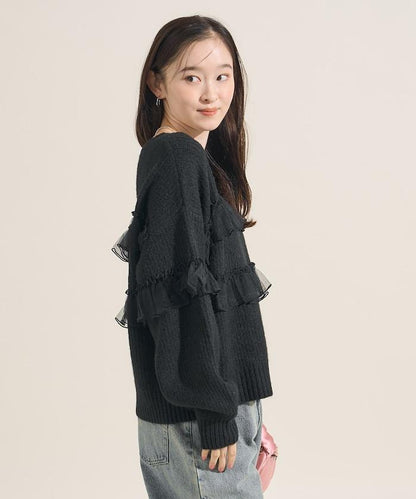 網紗荷葉邊拼接針織套頭衫