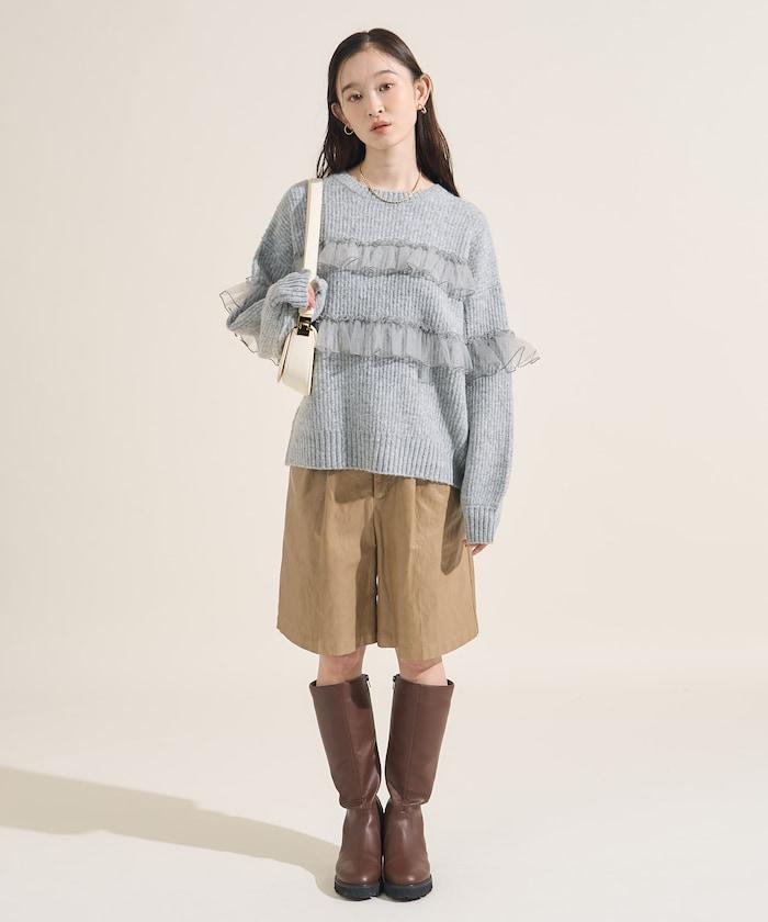網紗荷葉邊拼接針織套頭衫