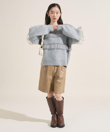 網紗荷葉邊拼接針織套頭衫