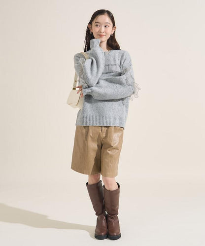 網紗荷葉邊拼接針織套頭衫