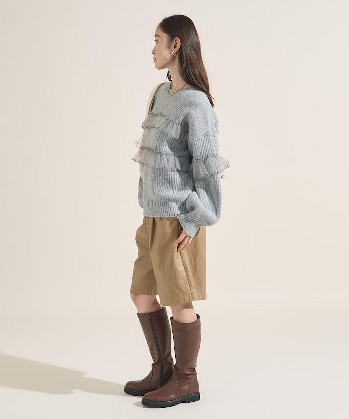 網紗荷葉邊拼接針織套頭衫