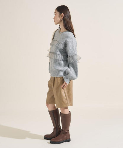 網紗荷葉邊拼接針織套頭衫