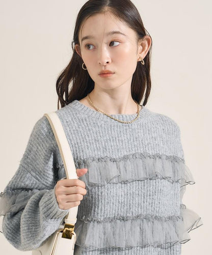 網紗荷葉邊拼接針織套頭衫