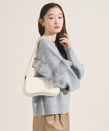 網紗荷葉邊拼接針織套頭衫