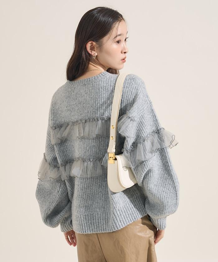 網紗荷葉邊拼接針織套頭衫