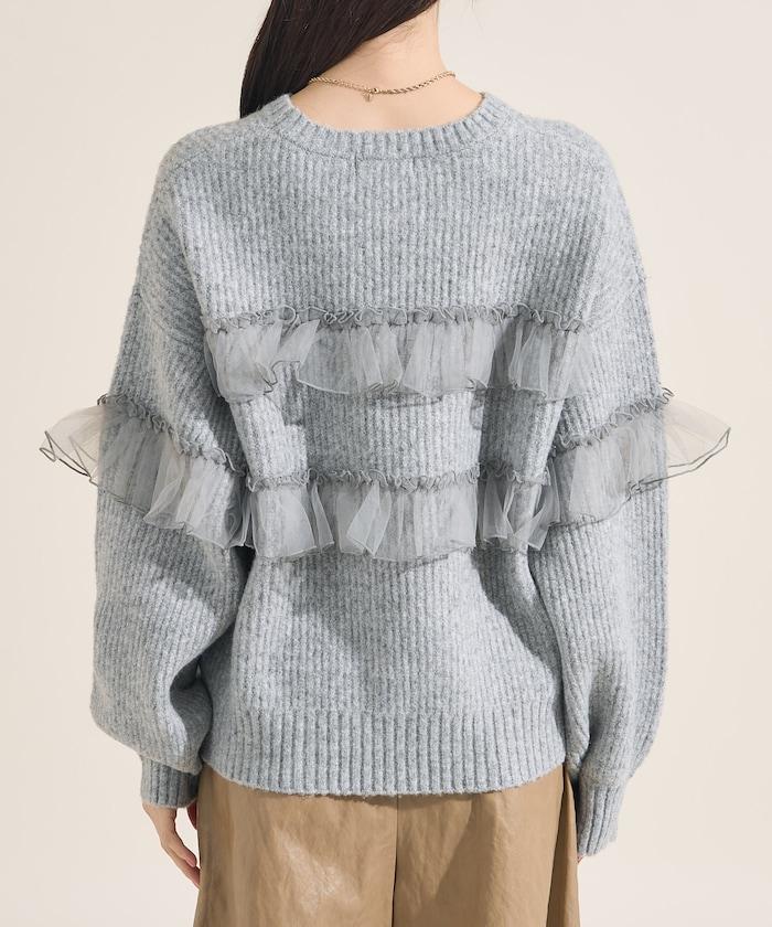 網紗荷葉邊拼接針織套頭衫