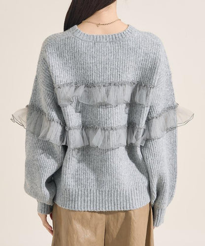 網紗荷葉邊拼接針織套頭衫