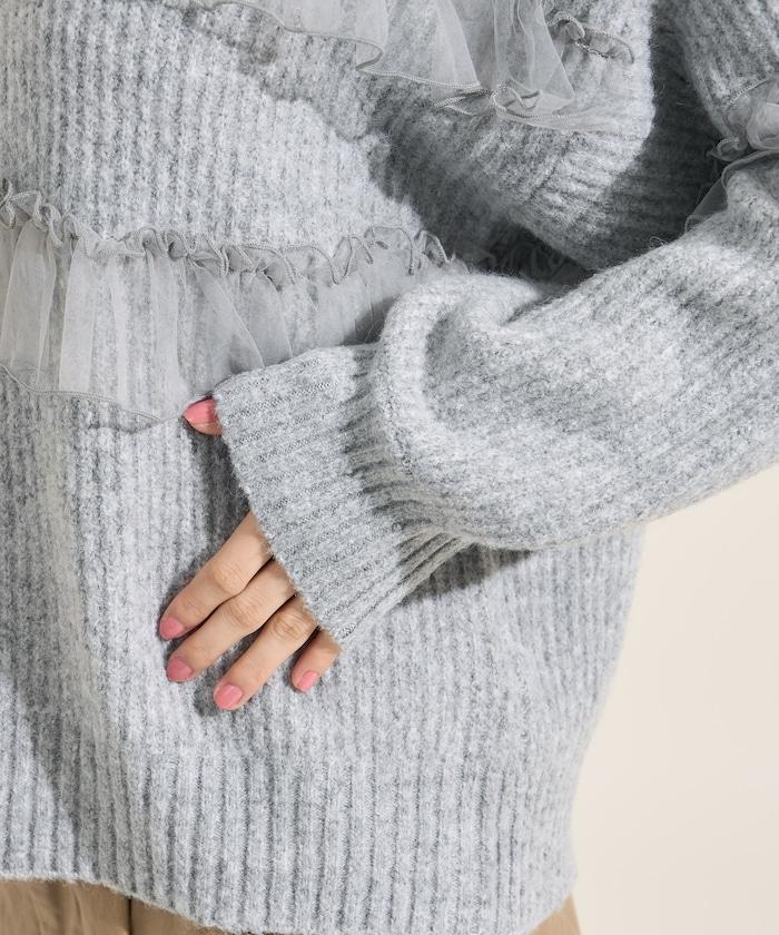 網紗荷葉邊拼接針織套頭衫