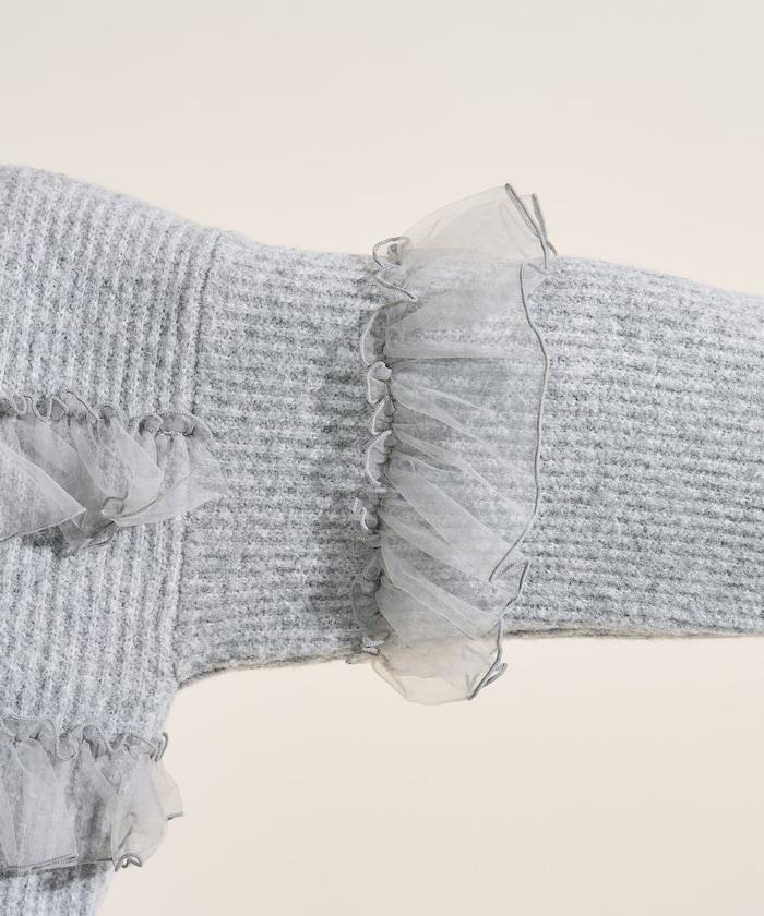 網紗荷葉邊拼接針織套頭衫