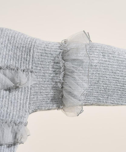 網紗荷葉邊拼接針織套頭衫