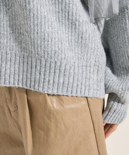 網紗荷葉邊拼接針織套頭衫