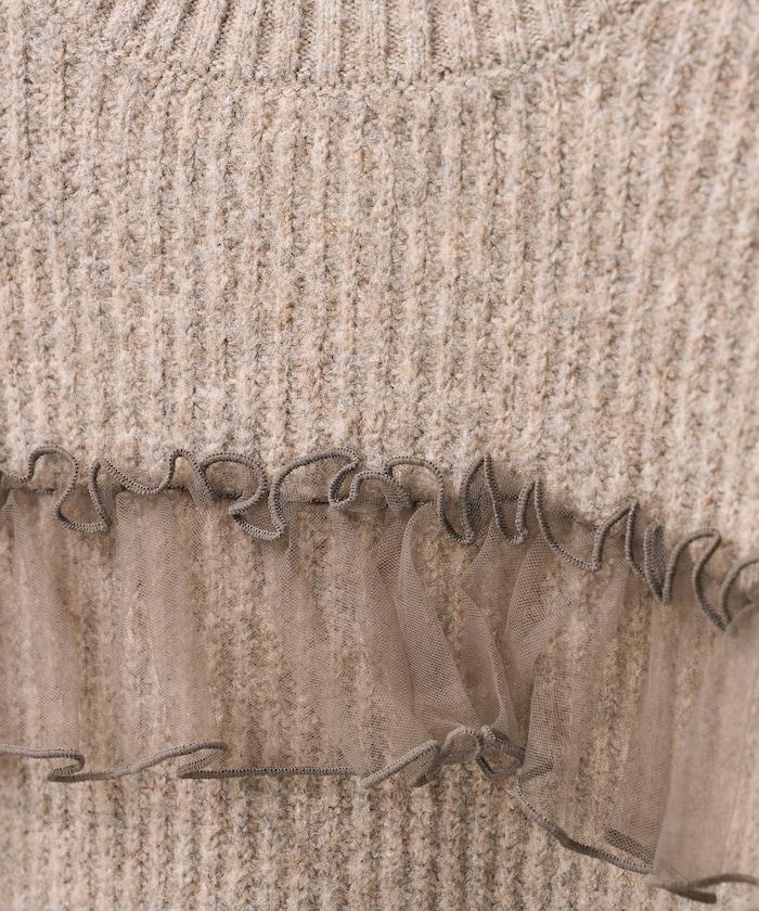 網紗荷葉邊拼接針織套頭衫