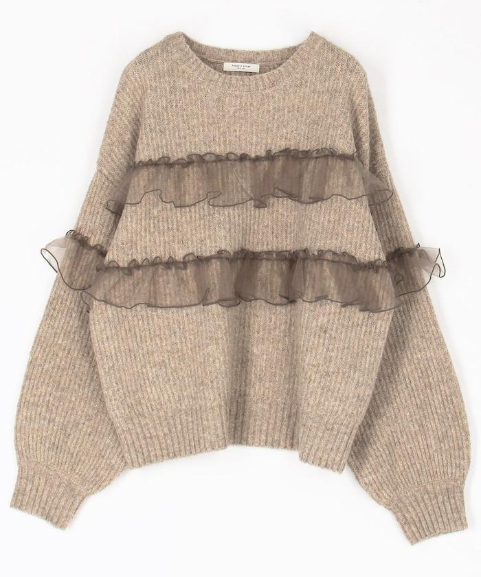 網紗荷葉邊拼接針織套頭衫