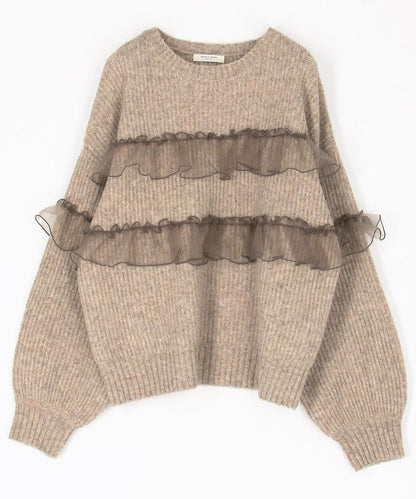 網紗荷葉邊拼接針織套頭衫