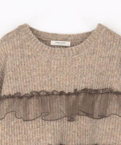 網紗荷葉邊拼接針織套頭衫