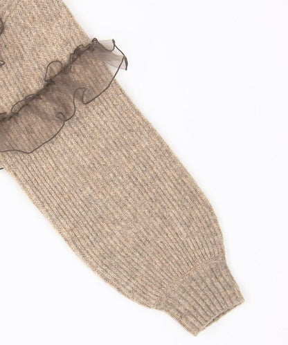 網紗荷葉邊拼接針織套頭衫