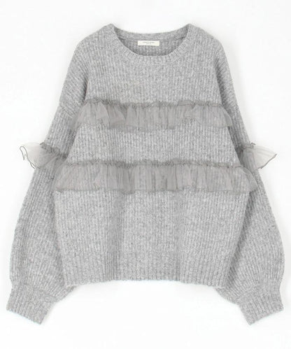 網紗荷葉邊拼接針織套頭衫