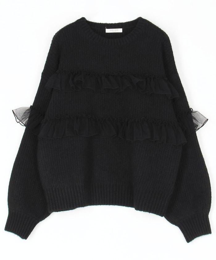 網紗荷葉邊拼接針織套頭衫