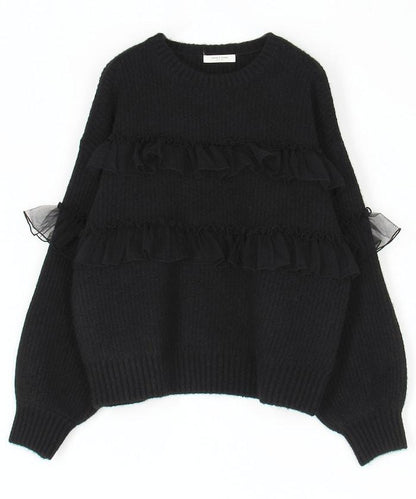 網紗荷葉邊拼接針織套頭衫