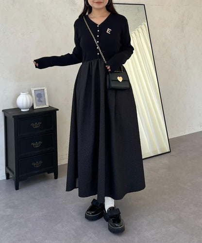 【前後兩穿】珍珠紐扣拼接喇叭連衣裙