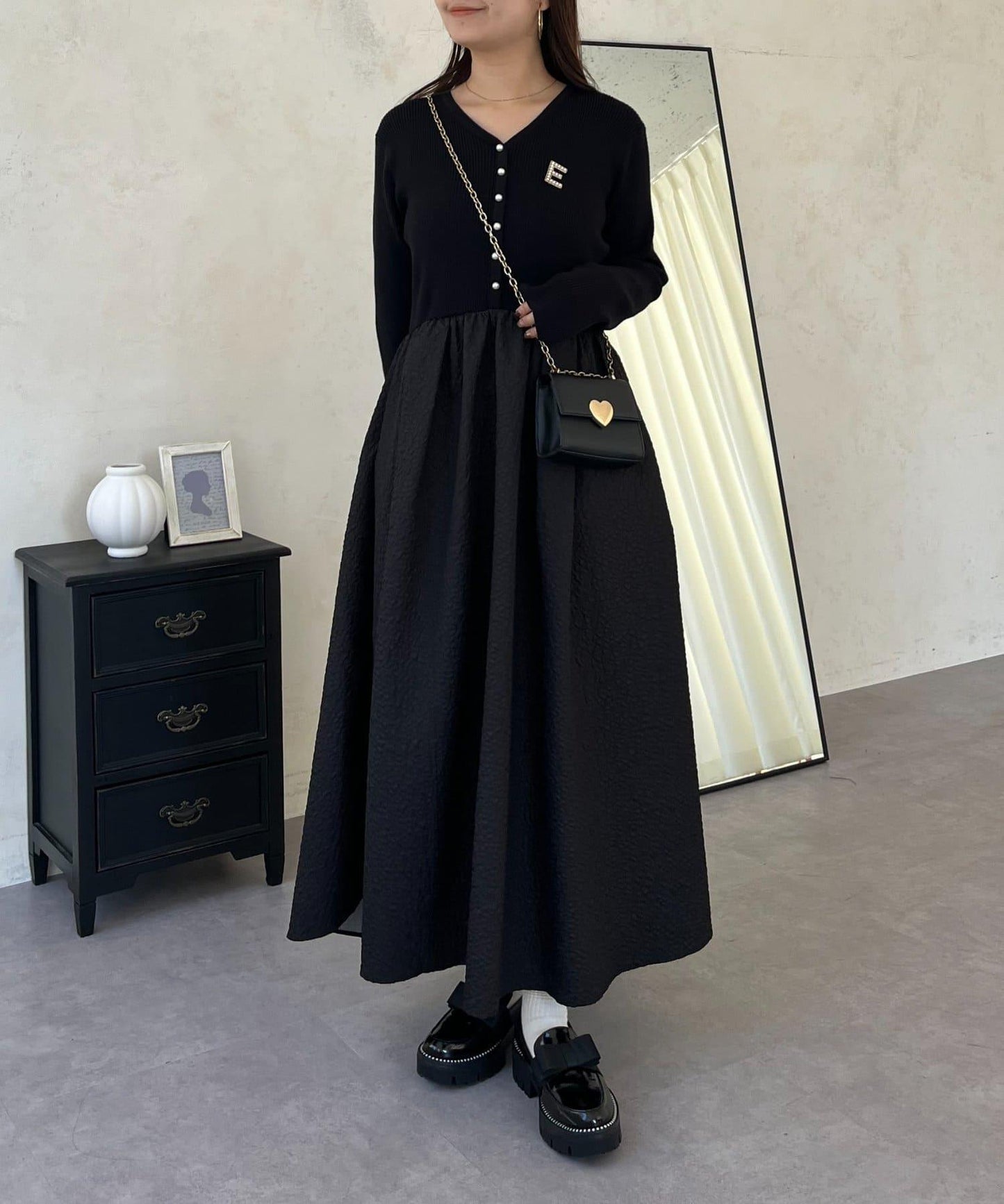 【前後兩穿】珍珠紐扣拼接喇叭連衣裙