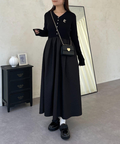 【前後兩穿】珍珠紐扣拼接喇叭連衣裙