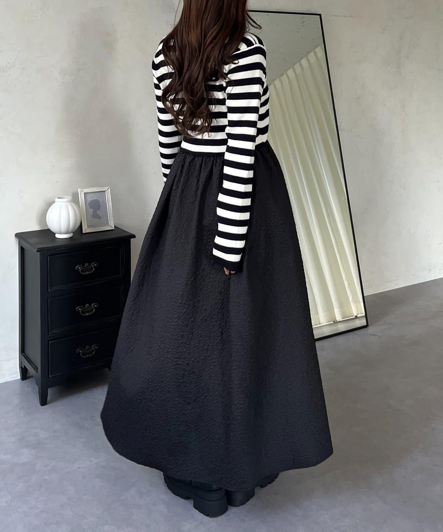 【前後兩穿】珍珠紐扣拼接喇叭連衣裙