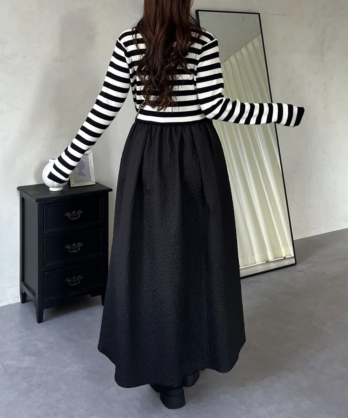 【前後兩穿】珍珠紐扣拼接喇叭連衣裙