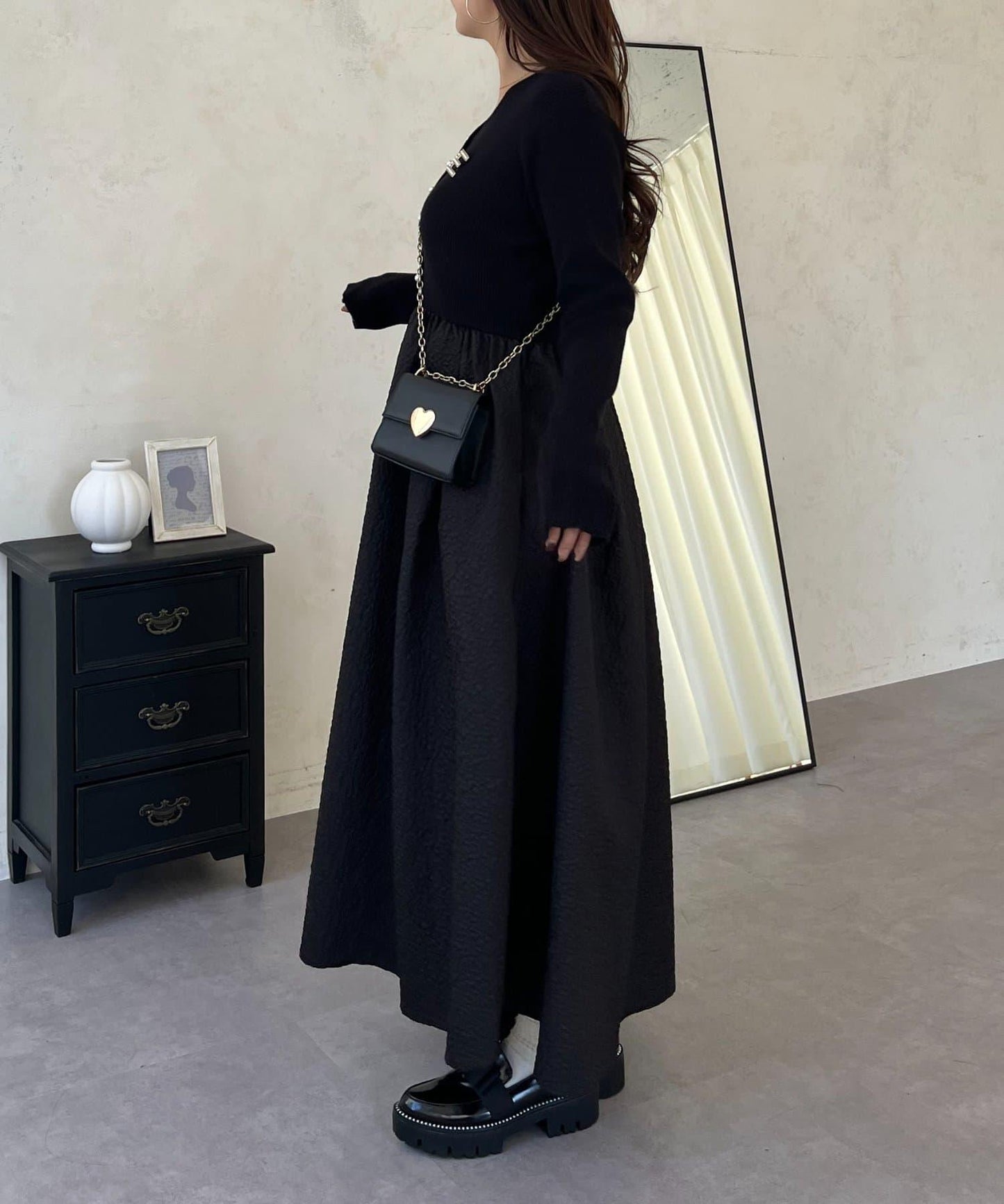 【前後兩穿】珍珠紐扣拼接喇叭連衣裙