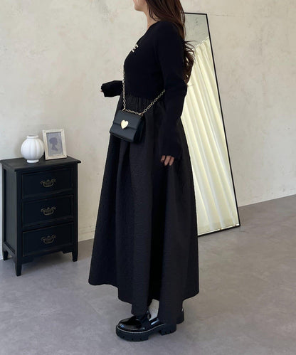 【前後兩穿】珍珠紐扣拼接喇叭連衣裙