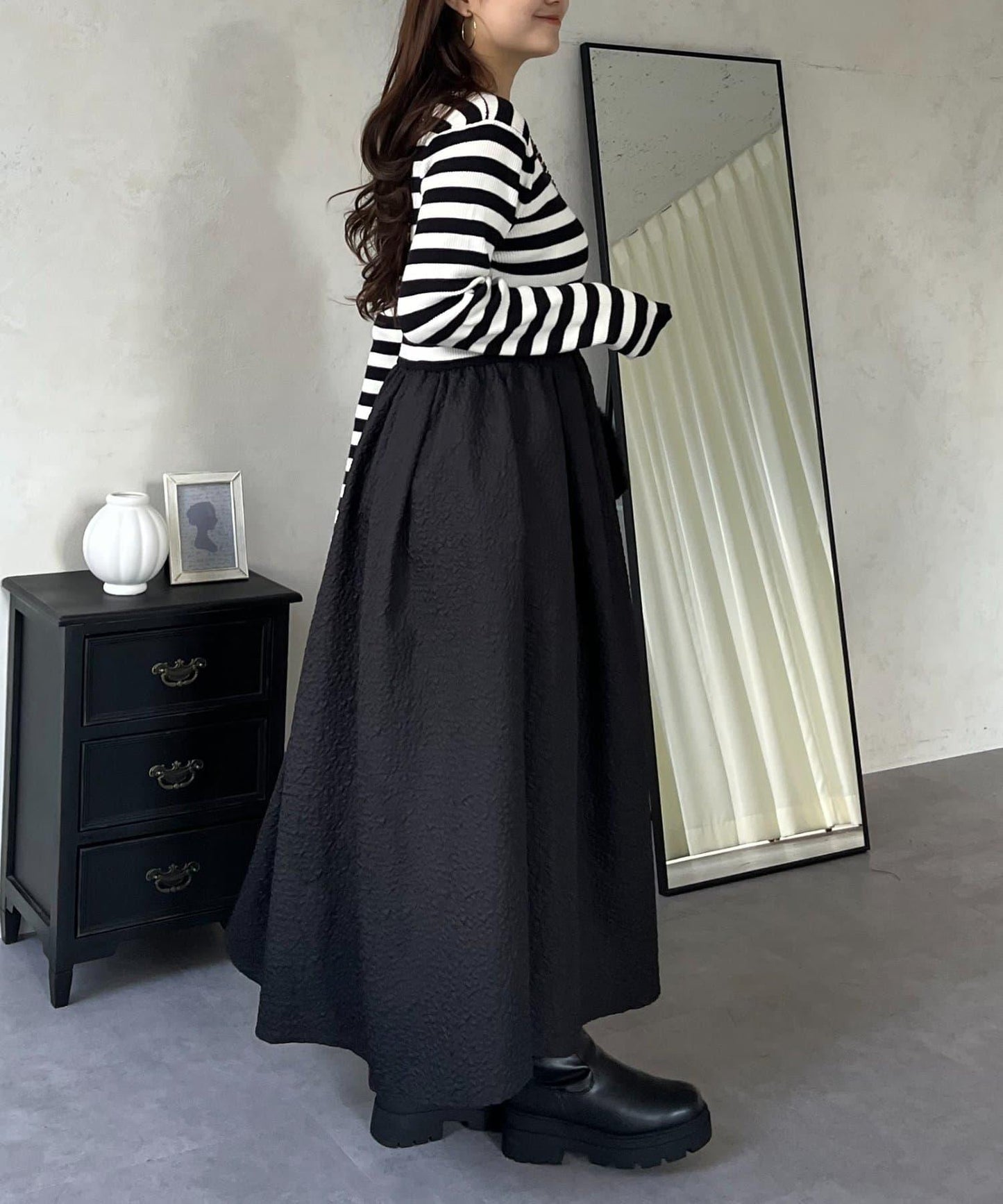 【前後兩穿】珍珠紐扣拼接喇叭連衣裙