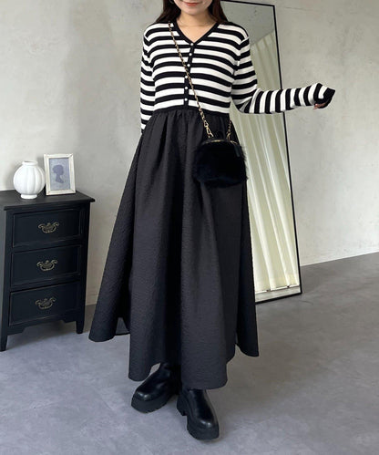 【前後兩穿】珍珠紐扣拼接喇叭連衣裙