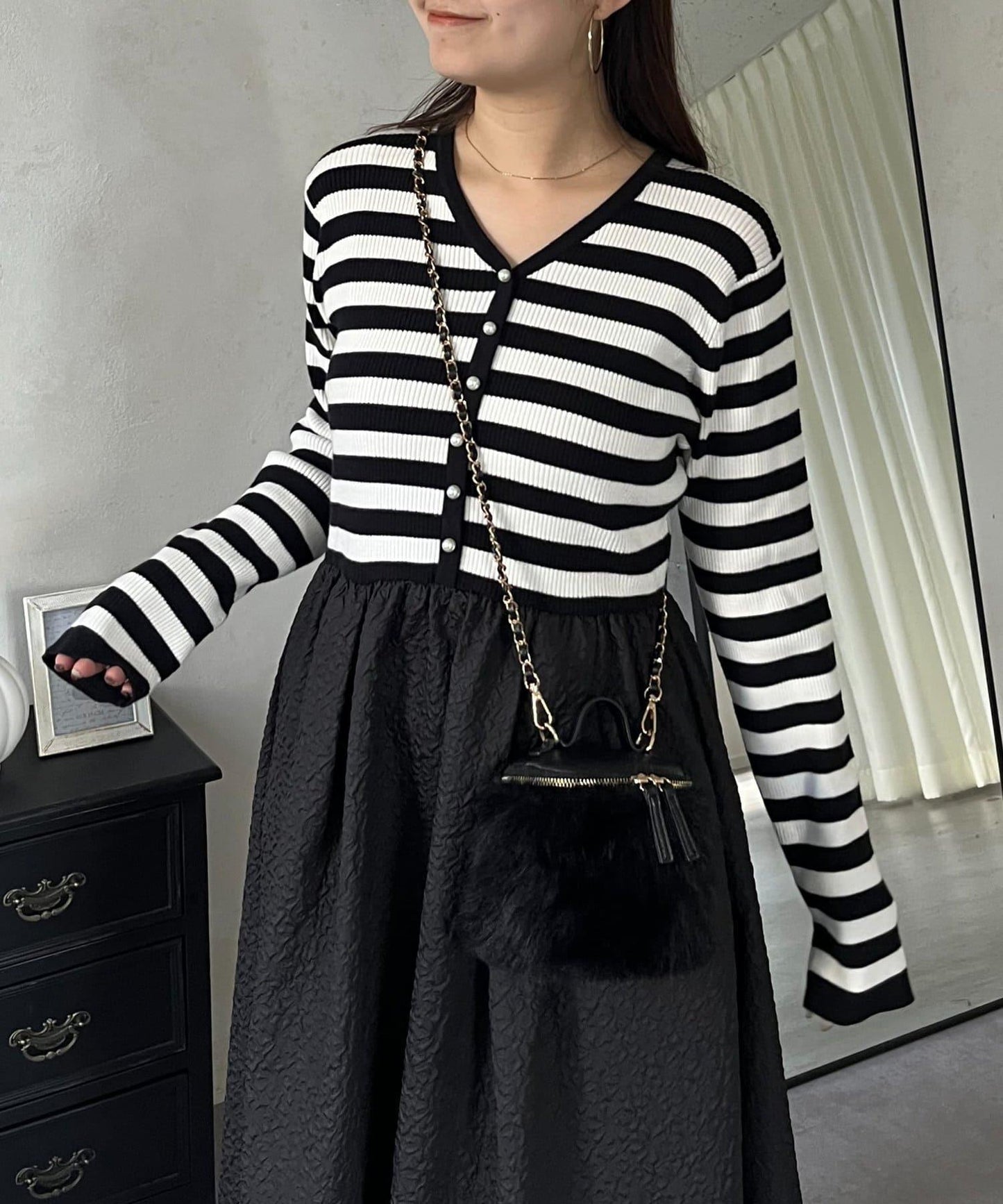 【前後兩穿】珍珠紐扣拼接喇叭連衣裙