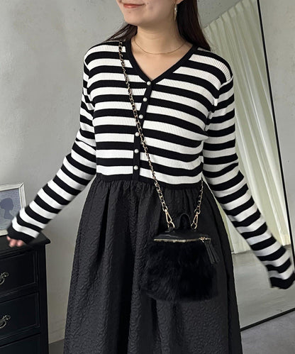 【前後兩穿】珍珠紐扣拼接喇叭連衣裙